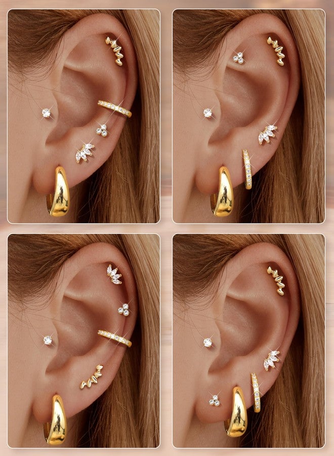 Sanfenly 6 Pairs Flat Back Earrings Gold Plated Stud Cartilage Earrings for Women Trendy Hypoallergenic Surgical Steel Internal Thread Huggie Hoop Studs Earring Stacks Helix Tragus Piercing Jewelry - Image 4