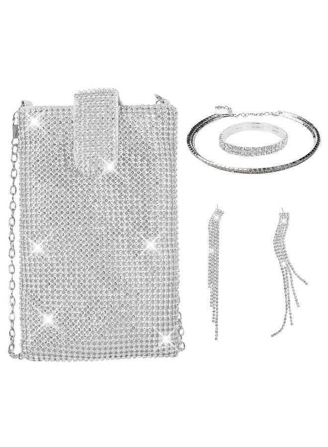 QZUnique 4Pcs Bling Crossbody Bag With Jewelry Set Rhinestone Cell Phone Purse For Women Diamond Evening Handbagspurse Wallet  - Image 1