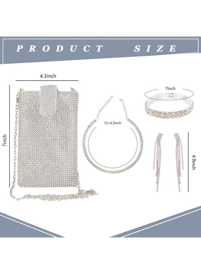 QZUnique 4Pcs Bling Crossbody Bag With Jewelry Set Rhinestone Cell Phone Purse For Women Diamond Evening Handbagspurse Wallet  - Image 2