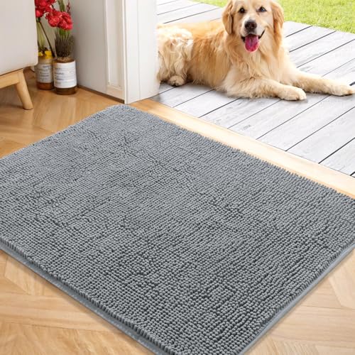 OLANLY Dog Door Mat for Muddy Paws 40x32 Absorbs Moisture and Dirt Absorbent NonSlip Washable Doormat Quick Dry Chenille Mud Mat for Dogs Entry Indoor Entryway Carpet for Inside Floor Grey