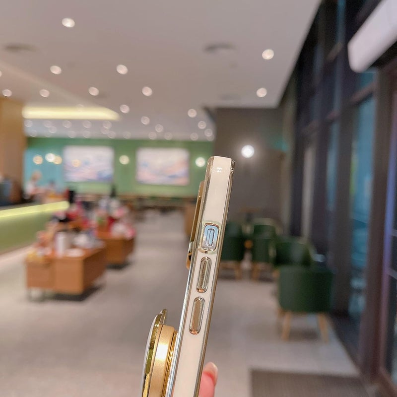 متوافق مع حافظة iPhone 14 Pro Max مع حامل قلب حب سهل الإمساك، حافظة واقية من الذهب الفاخر المطلي من TPU الناعم للفتيات والنساء - مقاس 6.7 بوصة (أبيض)
