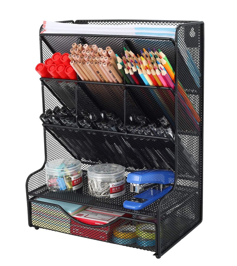 PAG Desk Organizer with Drawer Office Supplies and Accessories Storage Caddy Hanging Wall Shelf Metal Mesh Pencil Holder for Kids 9 Compartments Black