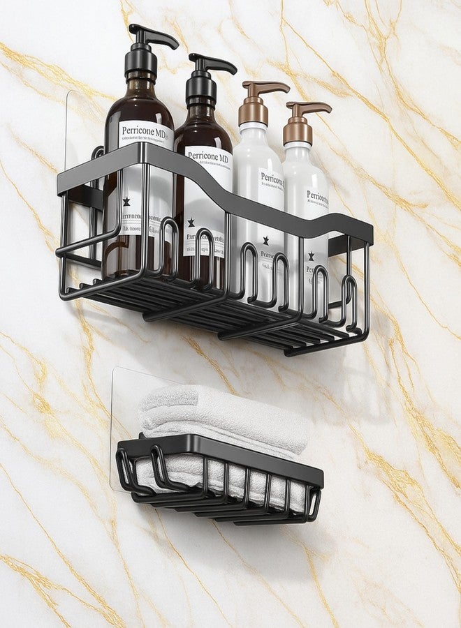 Boniry 2 in 1 Bathroom Organiser Without Drill | Rustproof Bathroom Shelves with Soap Holder | No-Drill Adhesive Bathroom Rack Set for Bathroom, Kitchen (Matte Black) - Image 1