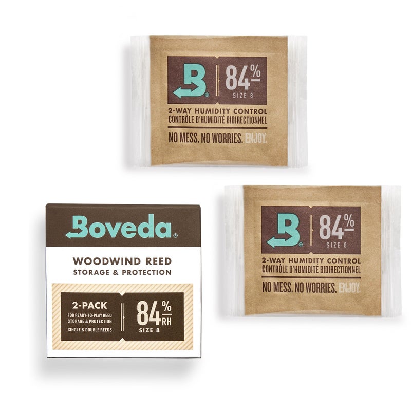 Boveda باوفيدا 84% حزم التحكم في الرطوبة ثنائية الاتجاه لقصب الآلات النفخ الخشبية - الحجم 8 - عبوة من 2 - ماصات الرطوبة - تحمي من الجفاف والانقسام - مرطبات قصب فردية مغلفة لأيام الأداء - Image 1