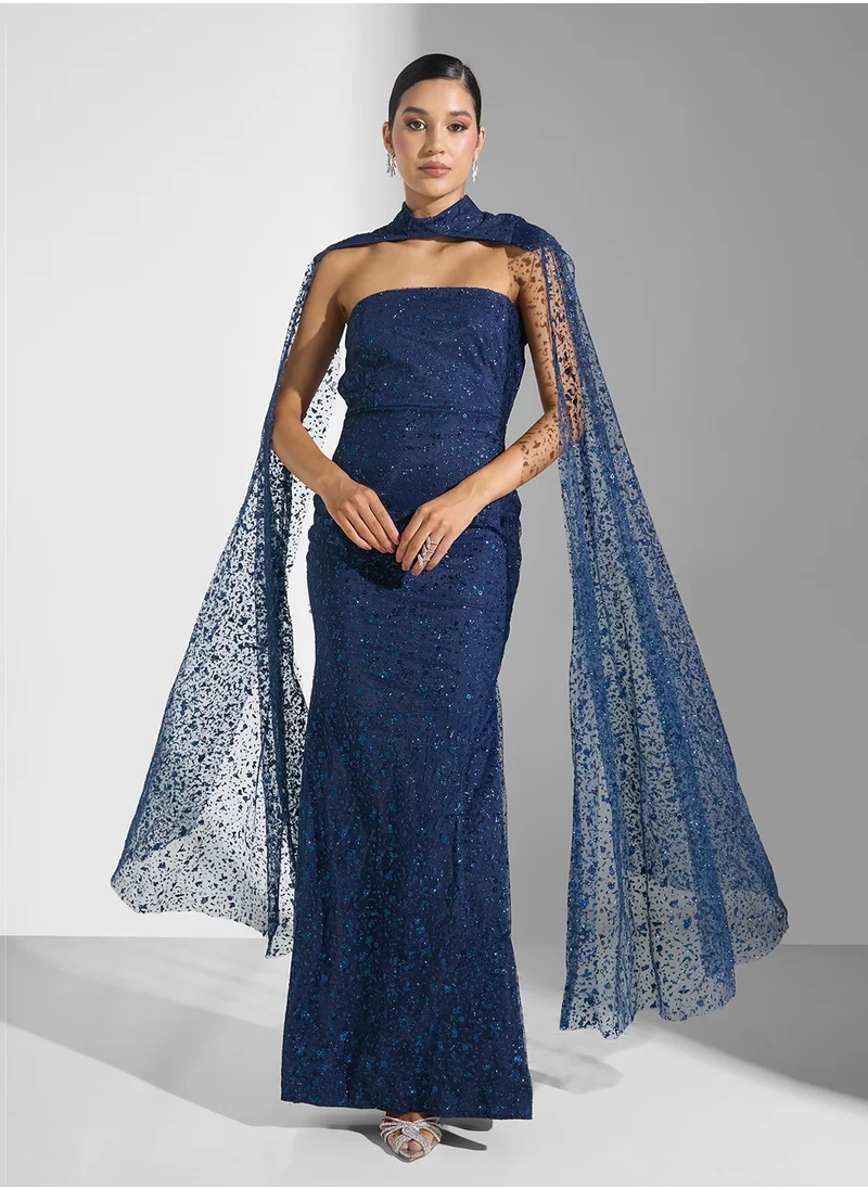 نمشي x Shimmer Dress With Exaggerated Cape