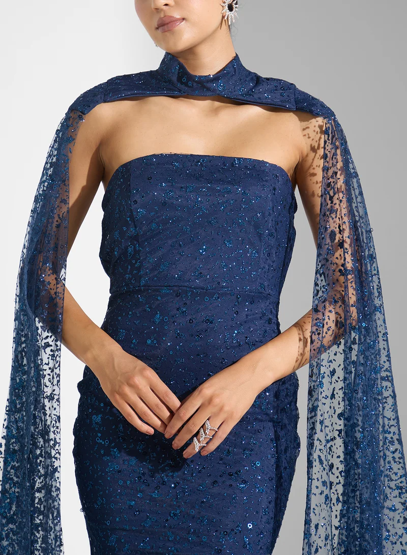 Namshi x Shimmer Dress With Exaggerated Cape