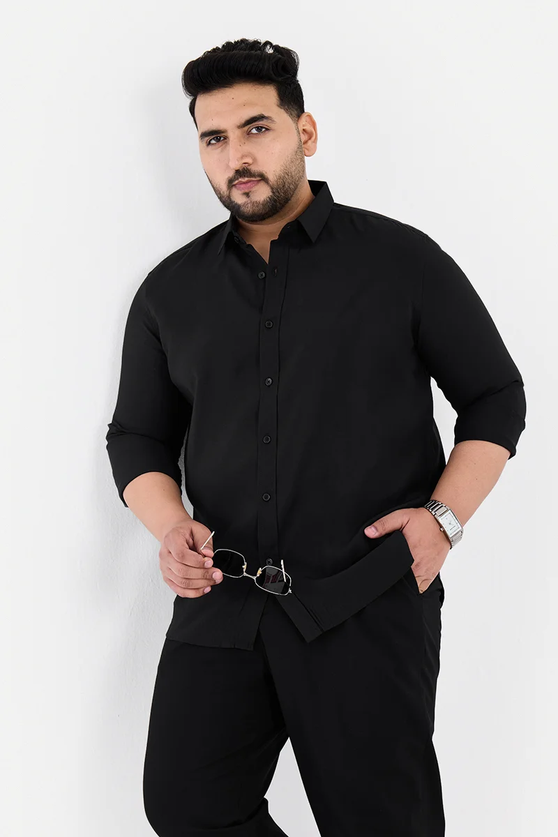 SNITCH Black Solid Long Sleeve Regular Fit Casual Plus Size Shirt