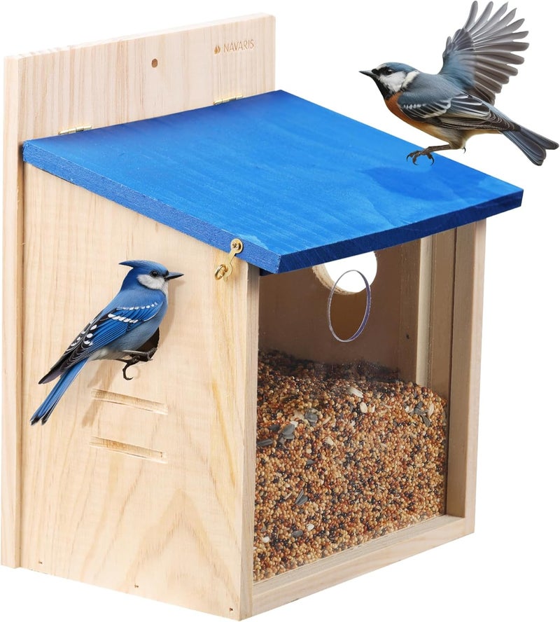 Navaris Wood Bluebird Feeder House  Wall Mounted Garden Decor for Bluebirds  Outdoor Bird Feeding Station with Exchangeable Wood and Clear Front Panels - Image 1