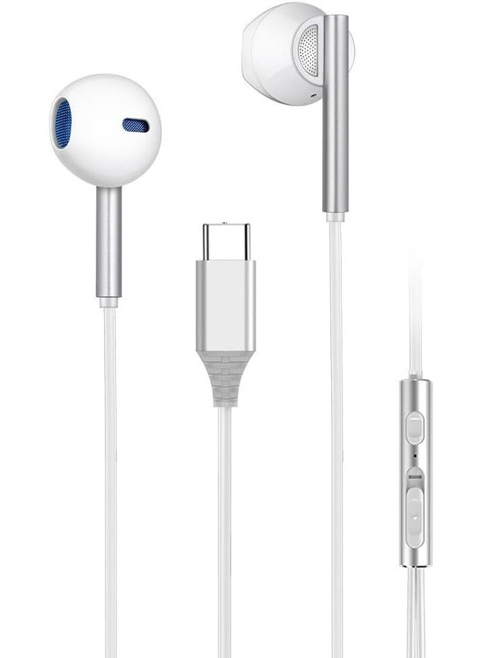 كوارفيل سماعات أذن مع سماعات أذن سلكية USB C مع ميكروفون وتحكم في مستوى الصوت، سماعات داخل الأذن لهاتف iPhone 15 Pro Max وiPad Pro/Air وSamsung (أبيض) - Image 1