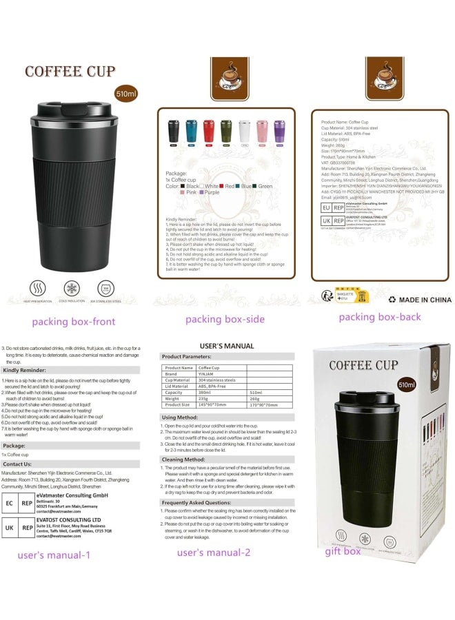 مج قهوة معزول بالتفريغ الهوائي للسفر قابل لاعادة الاستخدام مصنوع من الستانلس ستيل يينجام ، زجاجة حرارية للمشروبات الساخنة والباردة (اسود 510 مل) ستانلس سيليكون - Image 4