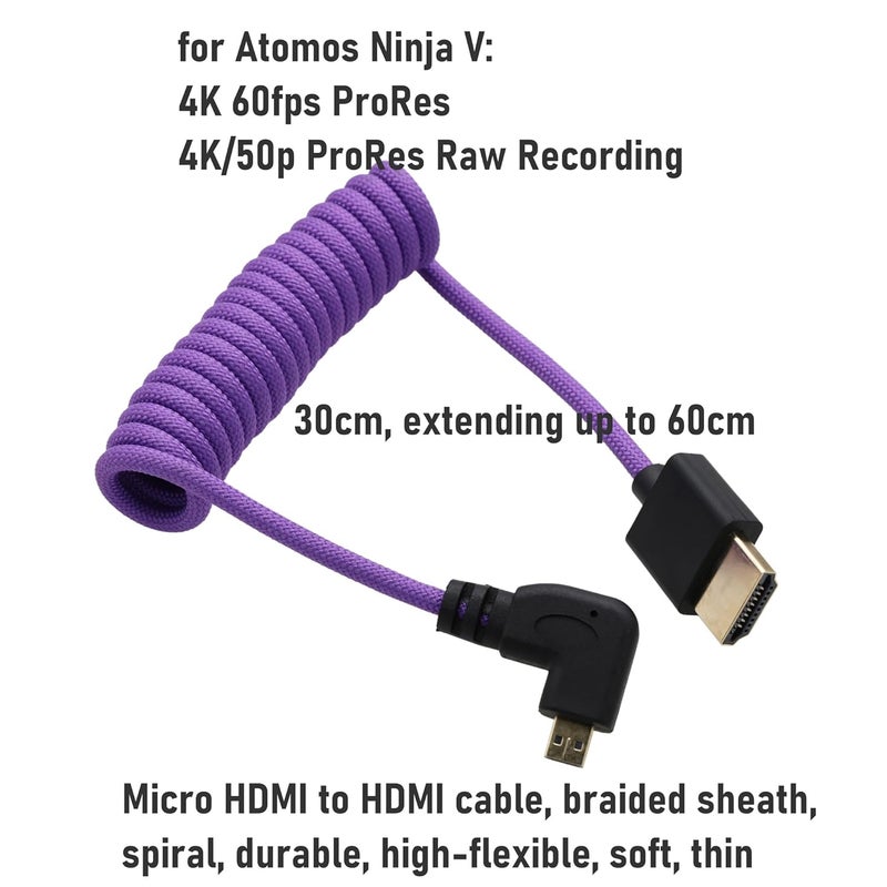 كابل بزاوية قائمة من Micro-HDMI إلى HDMI 8K لـ ATOMOS Ninja V Shinobi، Sony ZV-E10 A7C A7R4 A6700، Canon R6II R5C R10، Lumix S5 S9 G100، Fujifilm X-T50، بربطانة أرجوانية ملفوف 30 سم - Image 3