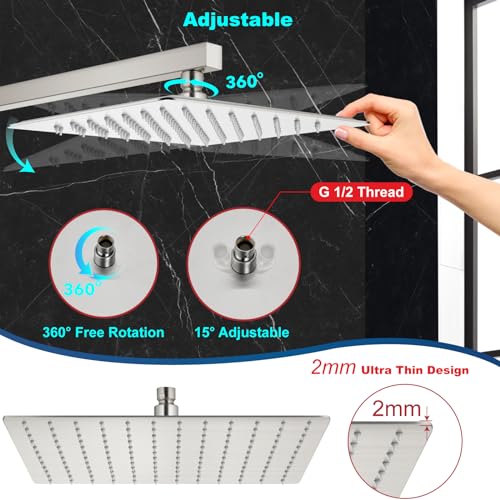 Midanya Rain Shower Head, Stainless Steel Large Rainfall Shower Head High Pressure, Bathroom Waterfall Square Showerhead, Ceiling or Wall Mount, Brushed Nickel 12 Inch - Image 5