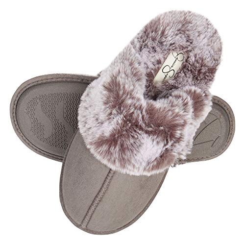 Jessica Simpson Women's Comfy Faux Fur House Slipper Scuff Memory Foam Slip on Anti-Skid Sole, Grey, Small - Image 4