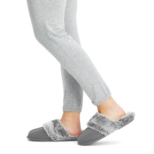 Jessica Simpson Women's Comfy Faux Fur House Slipper Scuff Memory Foam Slip on Anti-Skid Sole, Grey, Small - Image 2