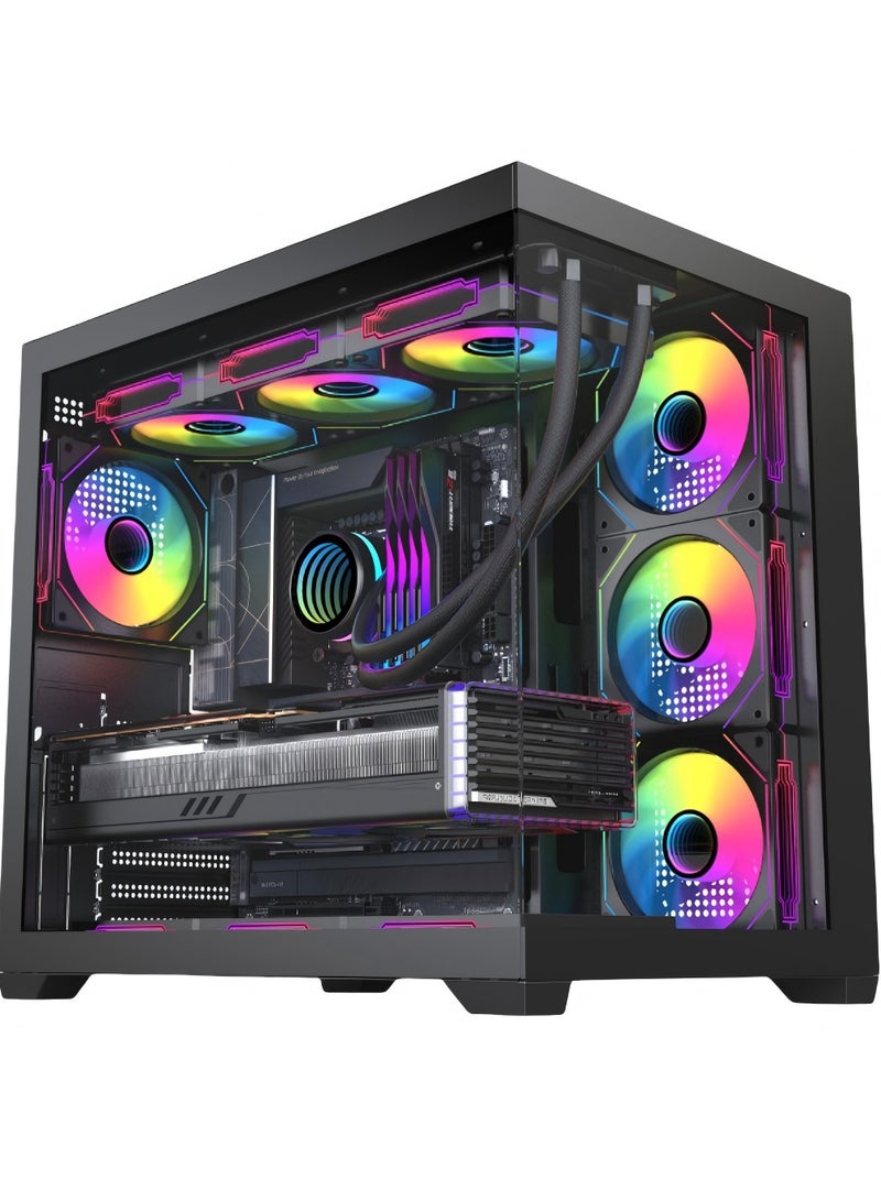 صندوق ألعاب كمبيوتر ATX ميني تاور، مع 5 مراوح ARGB بحجم 120 مم، زجاج مقسى، دعم لـ 7 مراوح، تبريد مائي يصل إلى 360 مم (أسود) - Image 1
