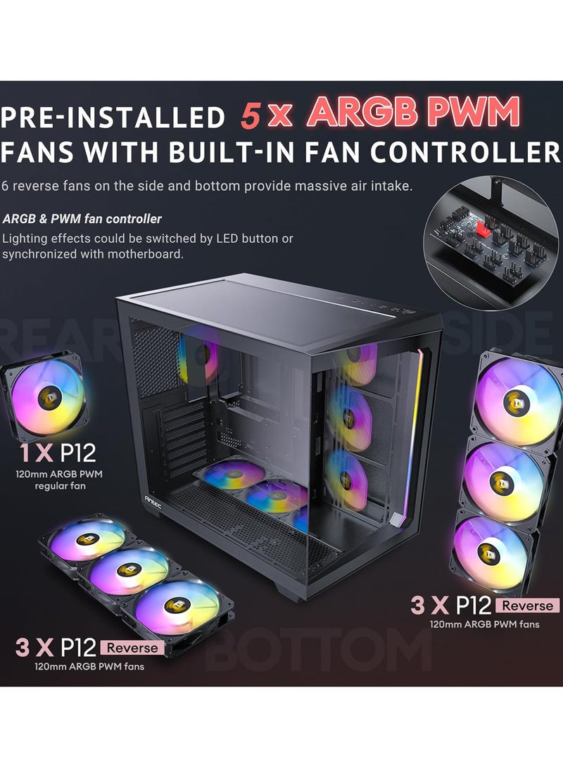 صندوق ألعاب كمبيوتر ATX ميني تاور، مع 5 مراوح ARGB بحجم 120 مم، زجاج مقسى، دعم لـ 7 مراوح، تبريد مائي يصل إلى 360 مم (أسود) - Image 2
