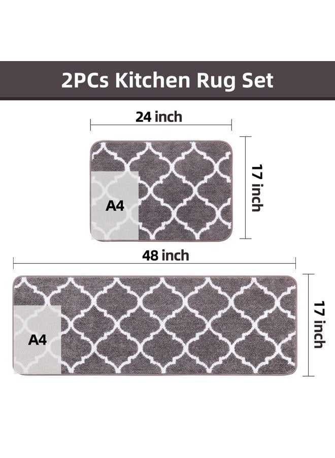 Carvapet 2 Pieces Kitchen Rugs and Mats Set Absorbent Soft Microfiber Bath Mat Moroccan Trellis Non-Slip Kitchen Mat Doormat Runner Set, 17"x48"+17"x24", Grey - Image 4