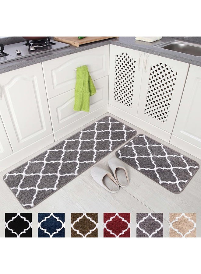 Carvapet 2 Pieces Kitchen Rugs and Mats Set Absorbent Soft Microfiber Bath Mat Moroccan Trellis Non-Slip Kitchen Mat Doormat Runner Set, 17"x48"+17"x24", Grey - Image 1