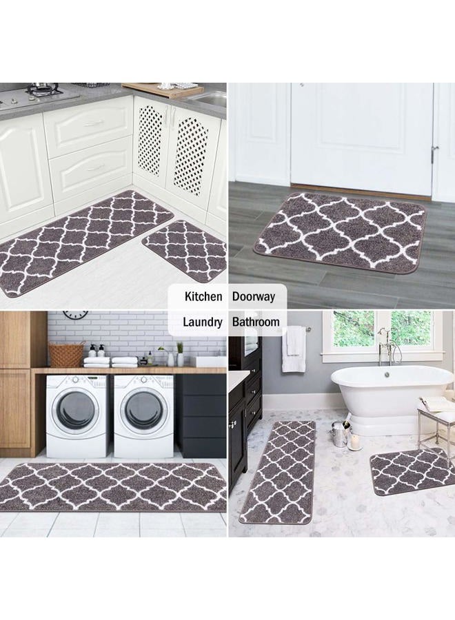 Carvapet 2 Pieces Kitchen Rugs and Mats Set Absorbent Soft Microfiber Bath Mat Moroccan Trellis Non-Slip Kitchen Mat Doormat Runner Set, 17"x48"+17"x24", Grey - Image 3