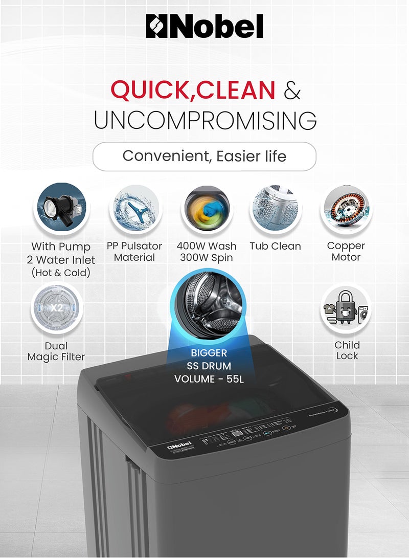 Nobel Washing Machine 7 KG Capacity, Electronic Control, 12 Wash Programs, LED Washing Phase Indicator, Transparent Lid, Dual Magic Filter, Stainless Steel Drum - 735 W 7 kg 735 W NWM750RI Dark Grey - Image 4