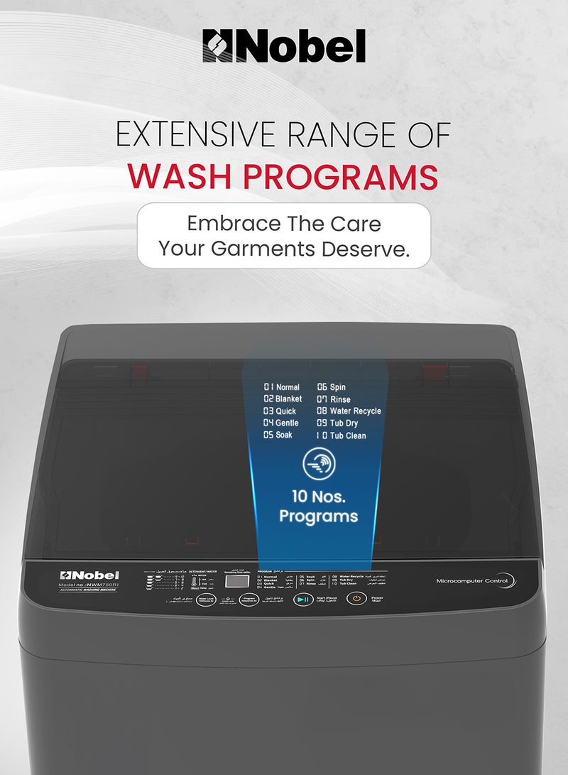 Nobel Washing Machine 7 KG Capacity, Electronic Control, 12 Wash Programs, LED Washing Phase Indicator, Transparent Lid, Dual Magic Filter, Stainless Steel Drum - 735 W 7 kg 735 W NWM750RI Dark Grey - Image 3