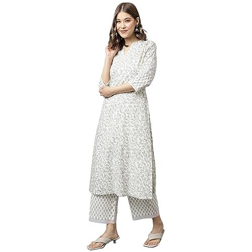 FIORRA Women's Off White Cotton A-line Kurta with Palazzo SET0091 - Image 2