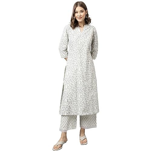 FIORRA Women's Off White Cotton A-line Kurta with Palazzo SET0091 - Image 1