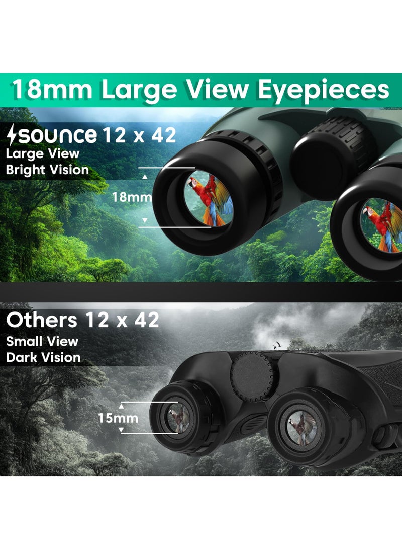 Sounce Renewed - 12x42 Binoculars for Long Distance | Ultra HD Binocular for Adults | BAK4 Prism Green Coated | Bird Watching Wildlife Safari | 360 Degree Tripod & Pouch Included (Green) - Image 5