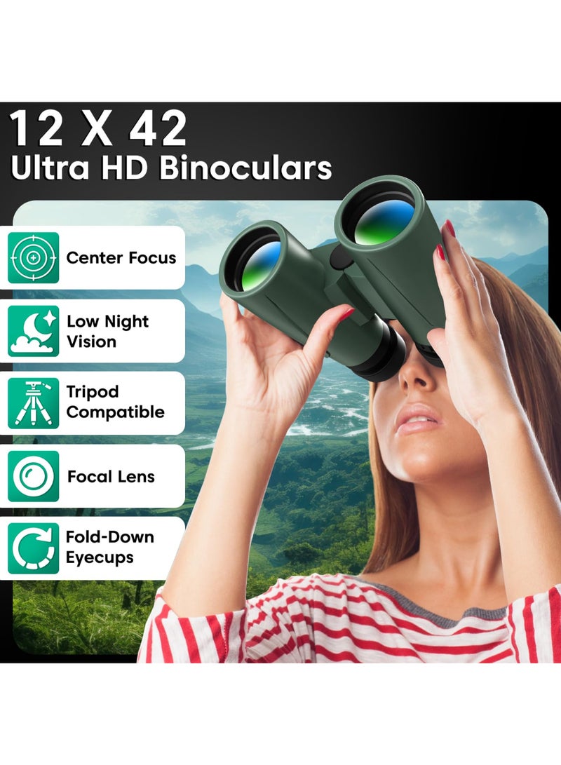 Sounce Renewed - 12x42 Binoculars for Long Distance | Ultra HD Binocular for Adults | BAK4 Prism Green Coated | Bird Watching Wildlife Safari | 360 Degree Tripod & Pouch Included (Green) - Image 2