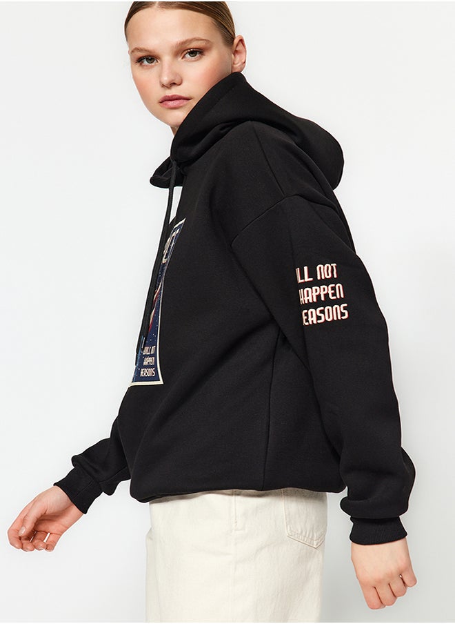 trendyol - Black Thick Inside Fleece Space Printed Oversize/Wide Cut Knitted Sweatshirt TWOAW24SW00407 - Image 1