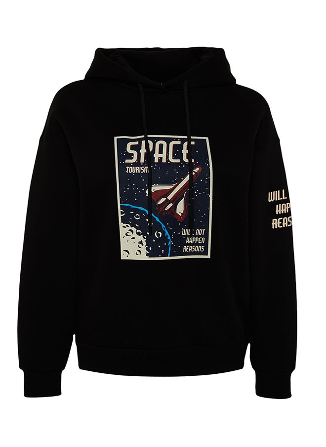 trendyol - Black Thick Inside Fleece Space Printed Oversize/Wide Cut Knitted Sweatshirt TWOAW24SW00407 - Image 1