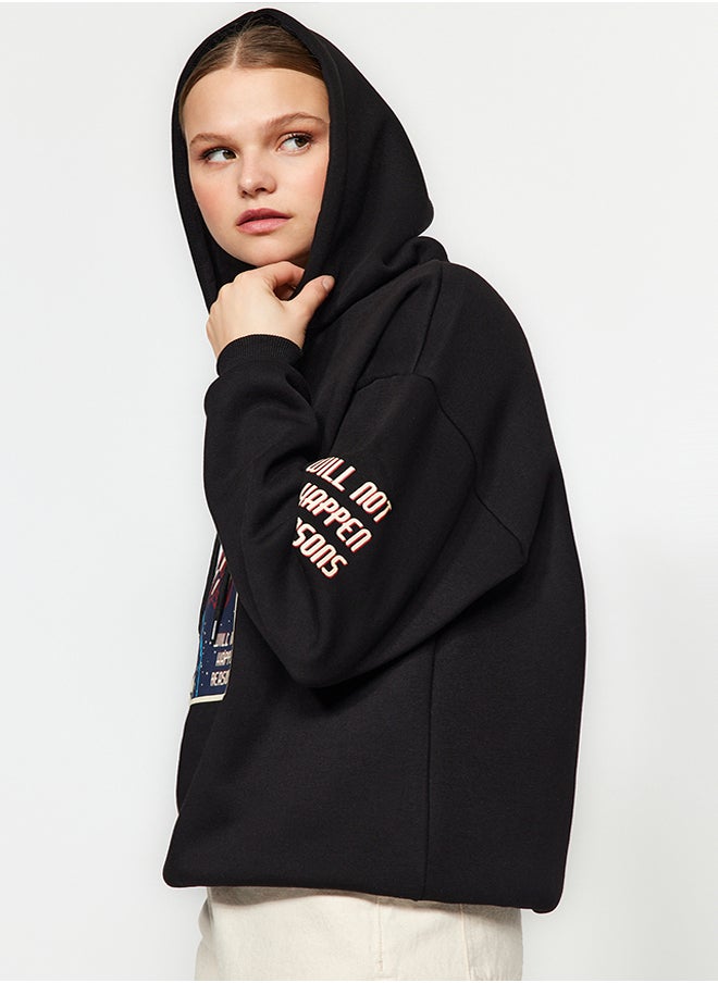 trendyol - Black Thick Inside Fleece Space Printed Oversize/Wide Cut Knitted Sweatshirt TWOAW24SW00407 - Image 1