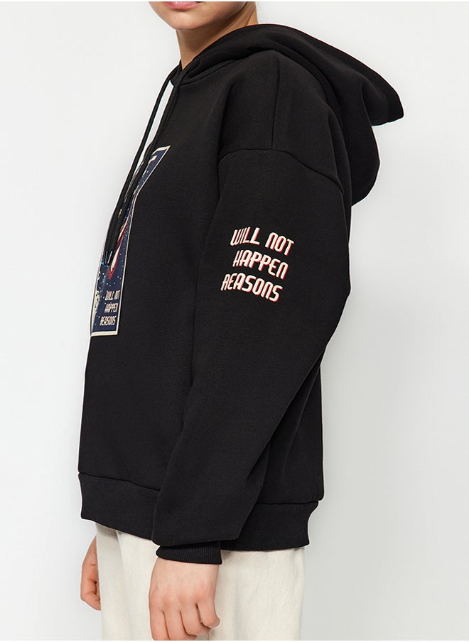 trendyol - Black Thick Inside Fleece Space Printed Oversize/Wide Cut Knitted Sweatshirt TWOAW24SW00407 - Image 1