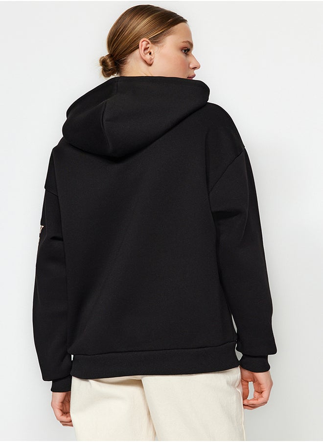 trendyol - Black Thick Inside Fleece Space Printed Oversize/Wide Cut Knitted Sweatshirt TWOAW24SW00407 - Image 1