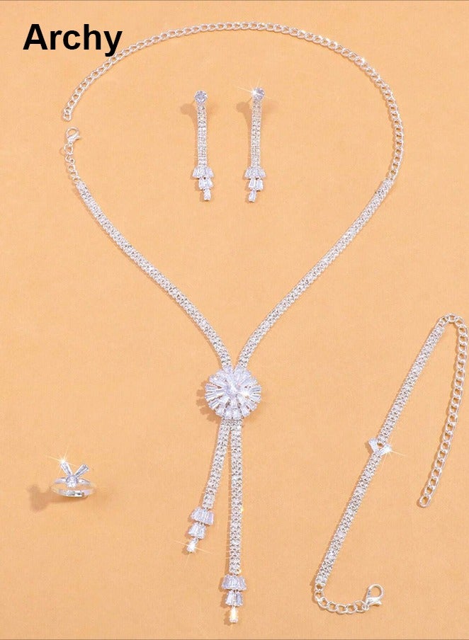 Archy 5Pcs Rhinestone Jewelry Set Stylish Elegant Floral Necklace Zircon Earrings Pendant Bracelet Ring  - Image 3