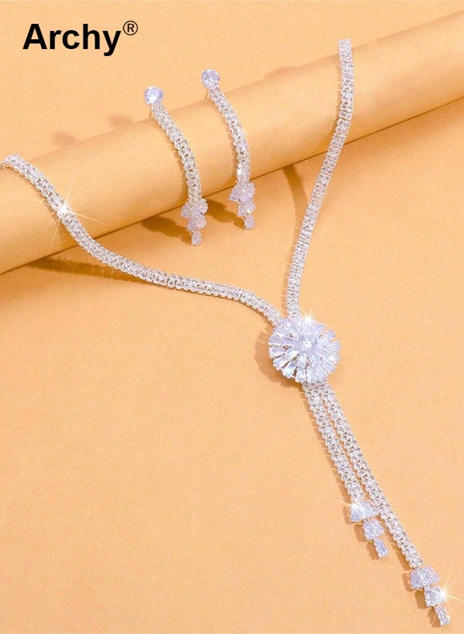 Archy 5Pcs Rhinestone Jewelry Set Stylish Elegant Floral Necklace Zircon Earrings Pendant Bracelet Ring  - Image 4