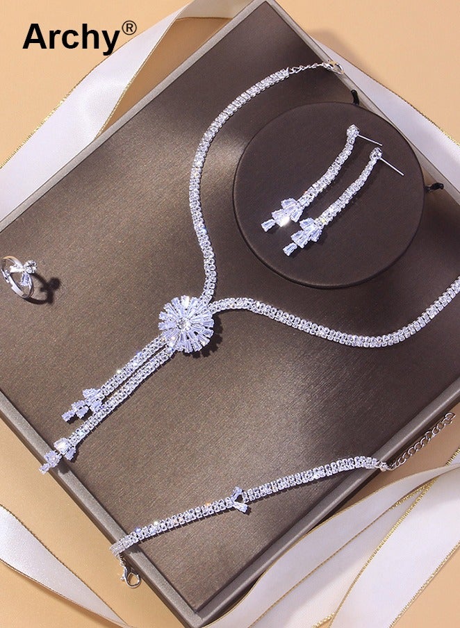 Archy 5Pcs Rhinestone Jewelry Set Stylish Elegant Floral Necklace Zircon Earrings Pendant Bracelet Ring  - Image 1