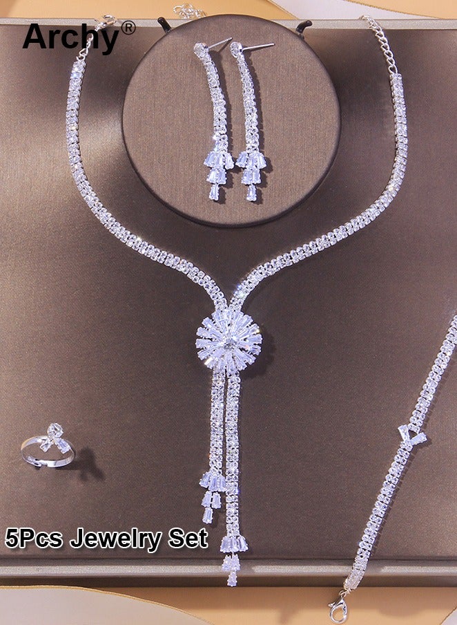 Archy 5Pcs Rhinestone Jewelry Set Stylish Elegant Floral Necklace Zircon Earrings Pendant Bracelet Ring  - Image 2