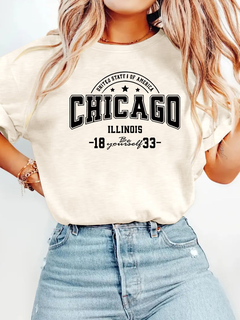 round neck fashion CHICAGO top women's T-shirt loose short sleeve - Image 5