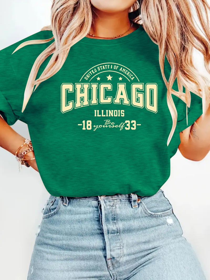 round neck fashion CHICAGO top women's T-shirt loose short sleeve - Image 4