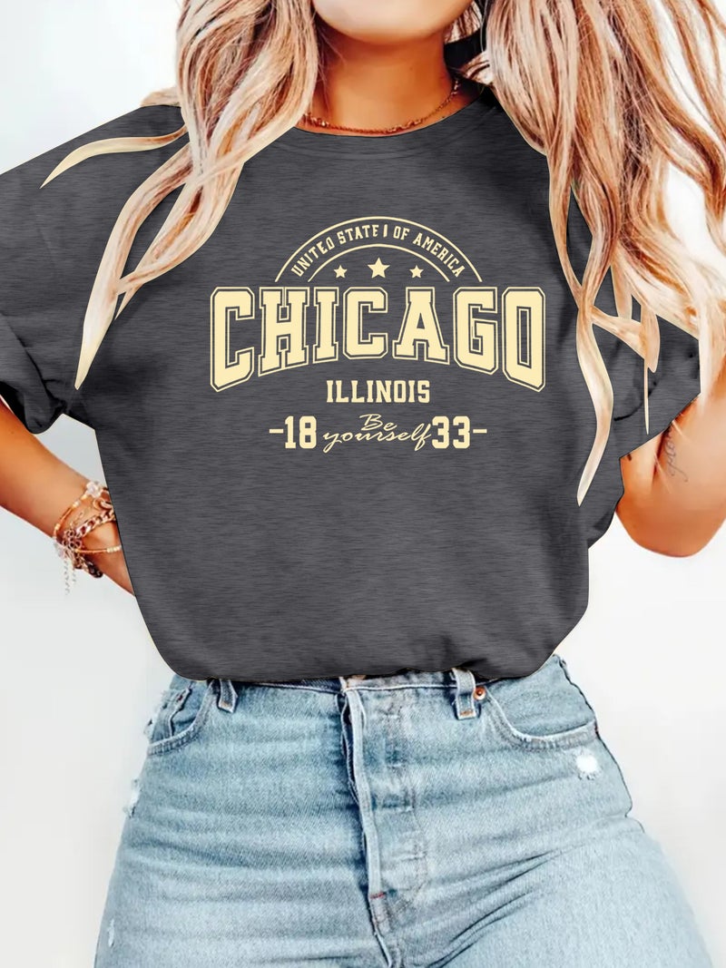 round neck fashion CHICAGO top women's T-shirt loose short sleeve - Image 2