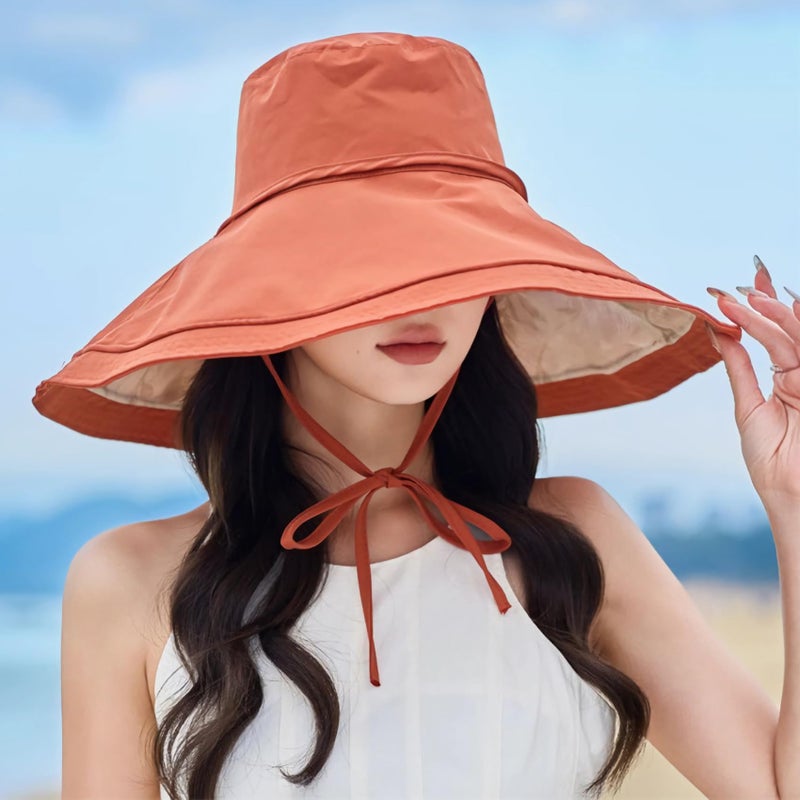 HUAMULAN Wide Brim Women Summer Sun Floppy Hat Ponytail Beach Bucket Fishing Hats Reversible Packable Outdoor UV Protection Orange - Image 2