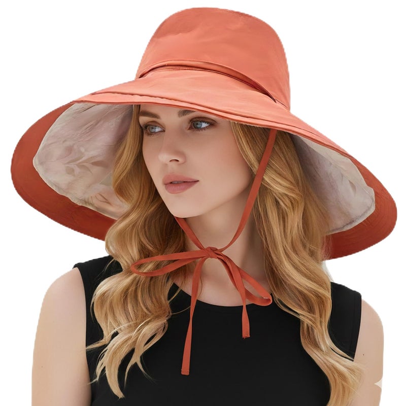 HUAMULAN Wide Brim Women Summer Sun Floppy Hat Ponytail Beach Bucket Fishing Hats Reversible Packable Outdoor UV Protection Orange - Image 1