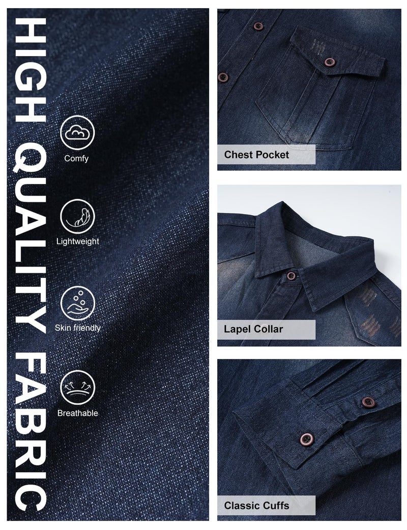 Eisctnd Men's Denim Button Down Shirt Classic Fit Long Sleeve Jean Work Shirts with 2 Pockets(Navy-L) - Image 5
