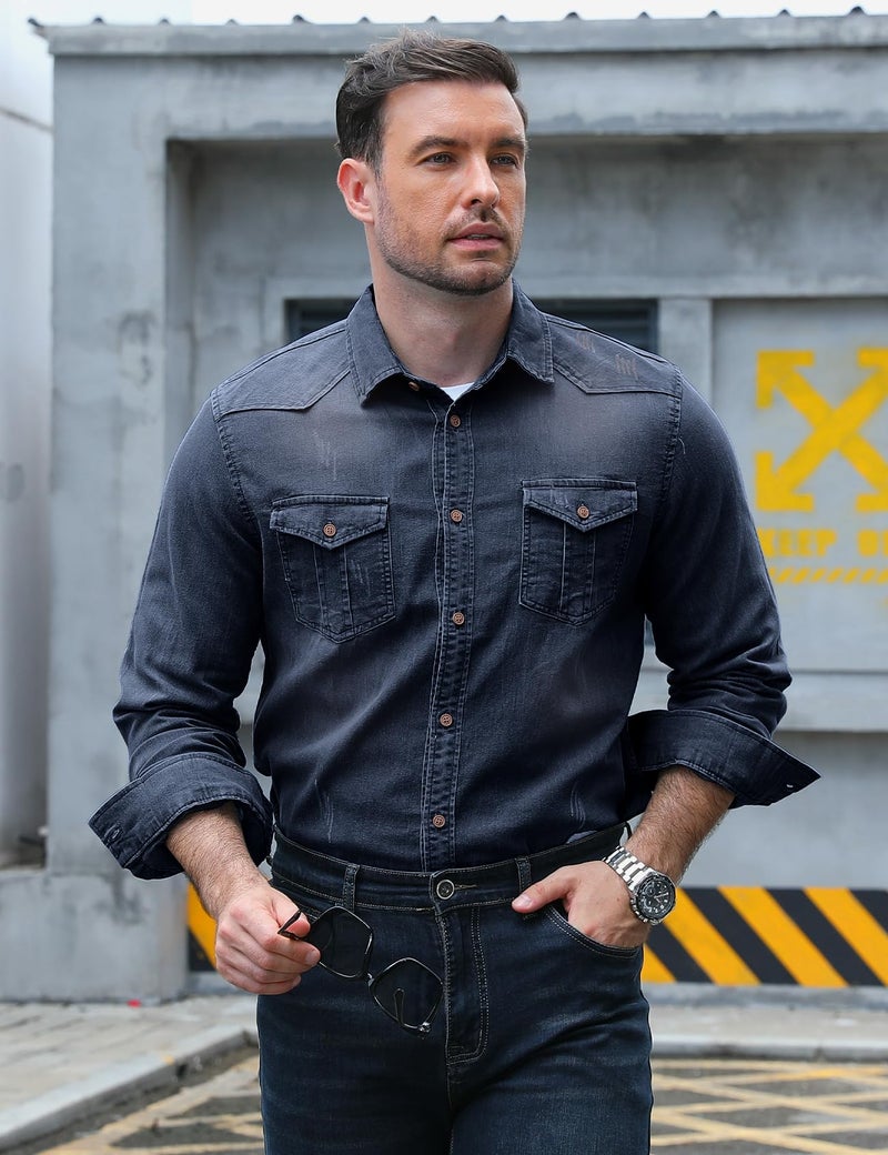 Eisctnd Men's Denim Button Down Shirt Classic Fit Long Sleeve Jean Work Shirts with 2 Pockets(Navy-L) - Image 3