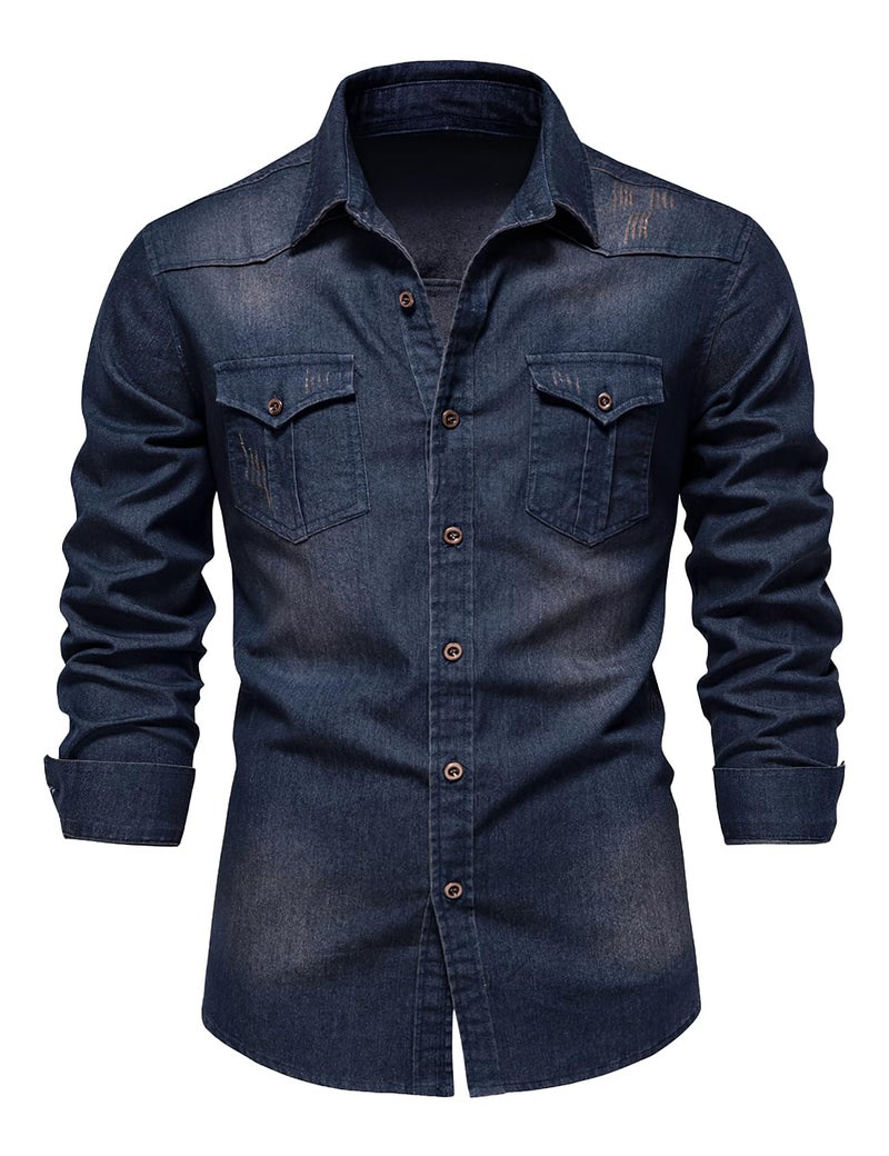 Eisctnd Men's Denim Button Down Shirt Classic Fit Long Sleeve Jean Work Shirts with 2 Pockets(Navy-L) - Image 1