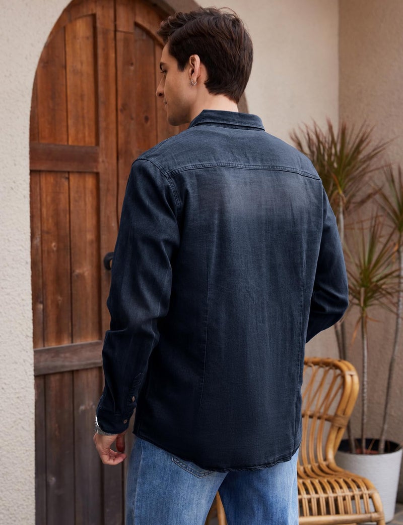 Eisctnd Men's Denim Button Down Shirt Classic Fit Long Sleeve Jean Work Shirts with 2 Pockets(Navy-L) - Image 2