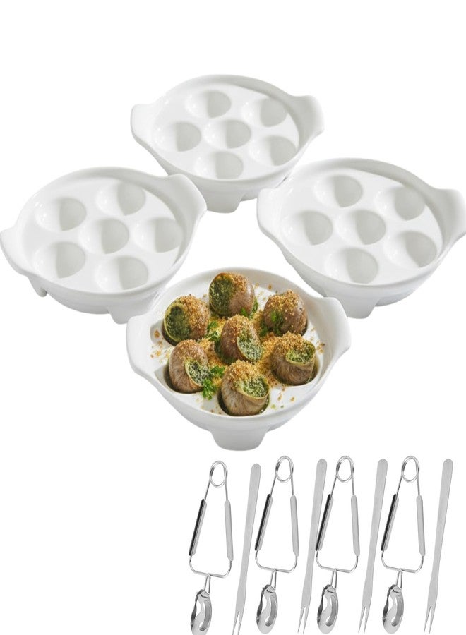 GOVNPJ Escargot Baking Dish, 4 Pack Ceramic Escargot Dish 6 Holes Escargot Plates 6.5 Inch Snail Dish Escargot Serving Dish Escargot Pan for Home, Kitchen, Restaurant (with Tong and Fork) - Image 1