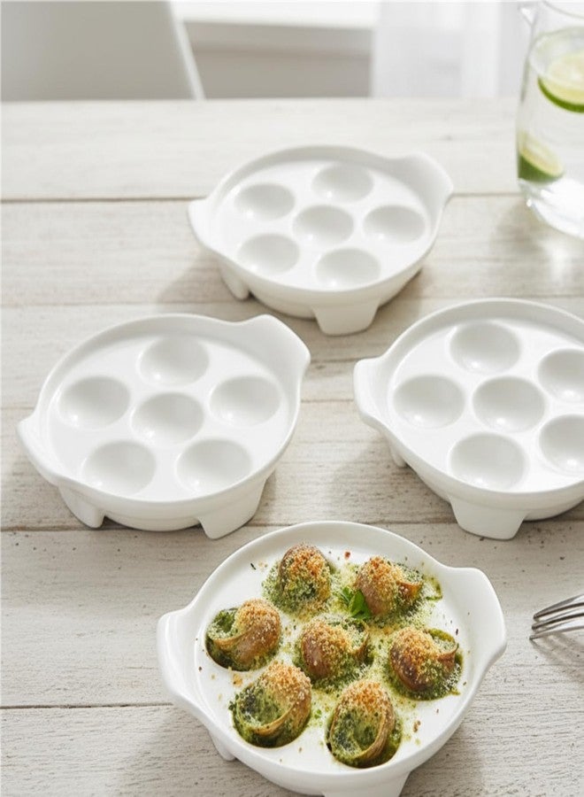 GOVNPJ Escargot Baking Dish, 4 Pack Ceramic Escargot Dish 6 Holes Escargot Plates 6.5 Inch Snail Dish Escargot Serving Dish Escargot Pan for Home, Kitchen, Restaurant (with Tong and Fork) - Image 4