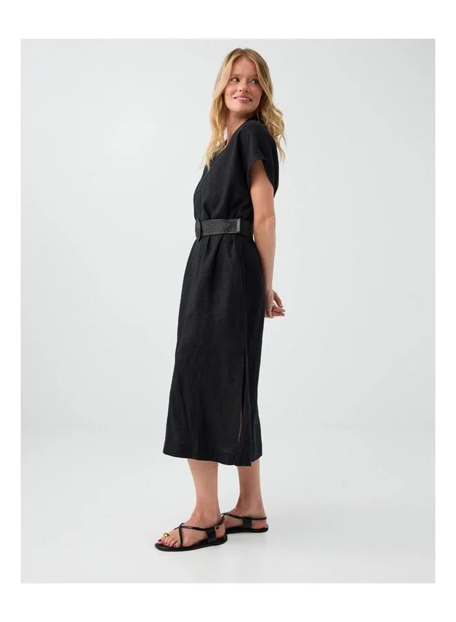 Jimmy Key Black 100% Linen V-Neck Midi Dress.
